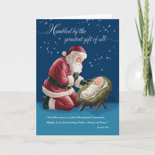 Carte Noël Père Noël Kneeling devant le bébé Jésus (Devant)