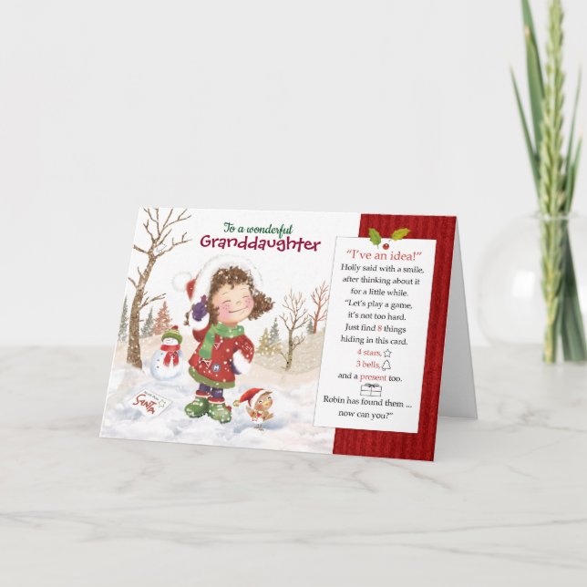Carte Noël, petite-fille. Trouver 8 choses cachées (Devant)