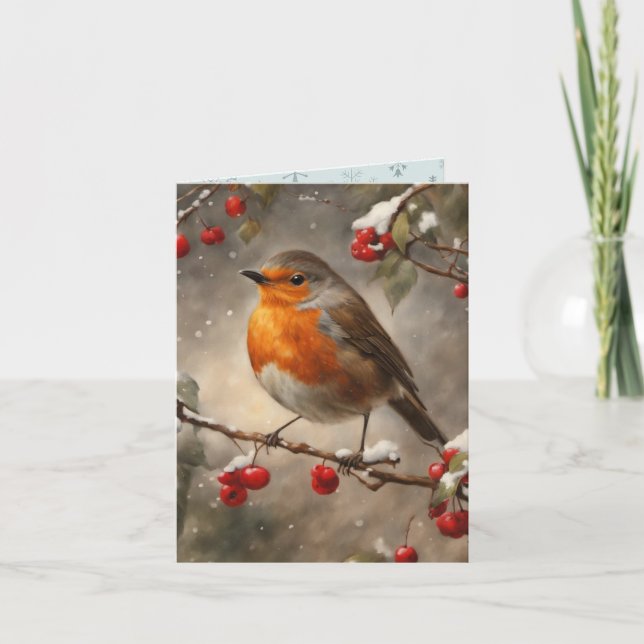 Carte Noël Robin Et Berries Rouges (Devant)