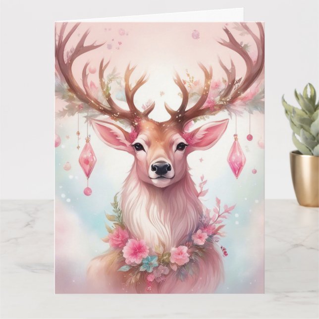 Carte Noël rose : Renne avec une fleur rose (Petite plante)