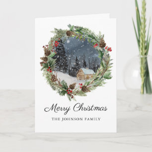 Carte Noël rustique Vacances Cabine de montagne d'hiver