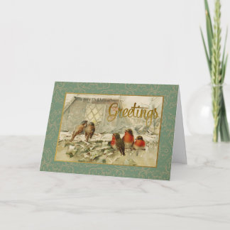 Carte Noël Salutations Oiseaux Reproduction Vintage