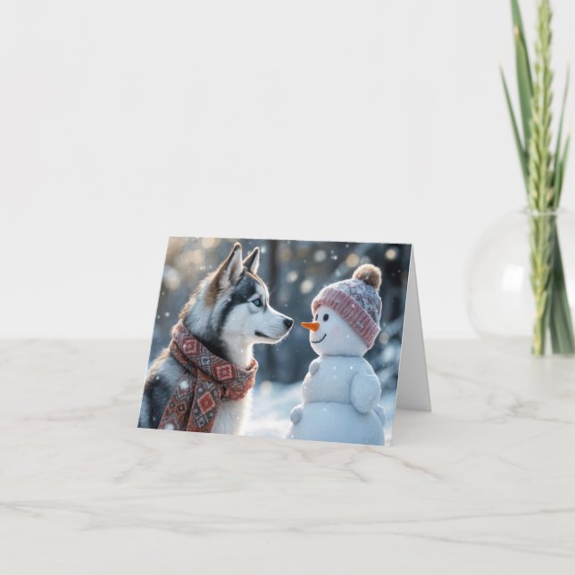Carte Noël Sibérien Husky Avec Snowman (Devant)