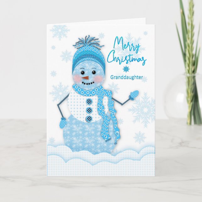 Carte Noël, Snowman, Petite-fille, Bleues (Devant)