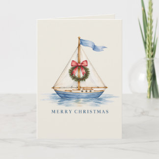 Carte Noël sur la côte voilier aquarelle fêtes