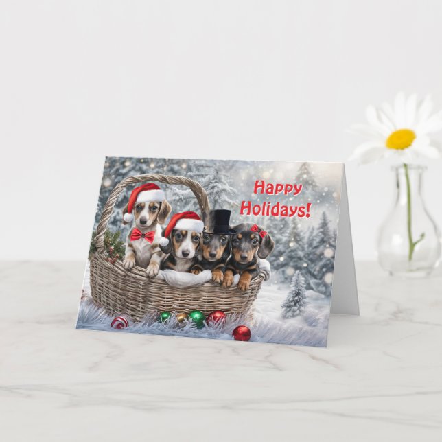 Carte Noël Vacances Salutations Cute Dachshund Chiots (Petite plante)