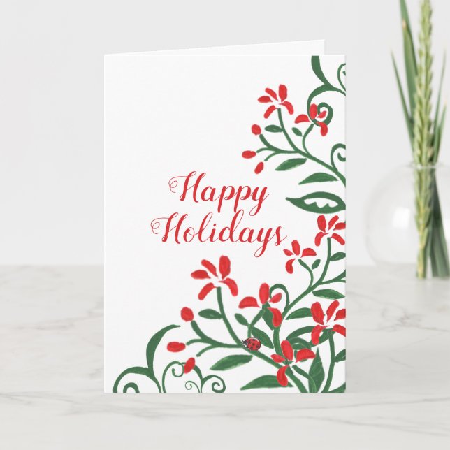 Carte Noël Vacances Simple Rouge Vert Floral Ladybug (Devant)