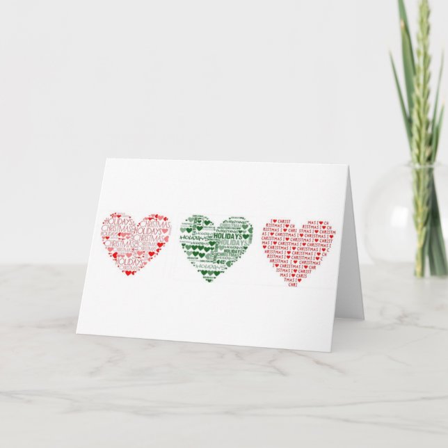 Carte Noël Vacances Trois Coeurs Rouge Vert (Devant)