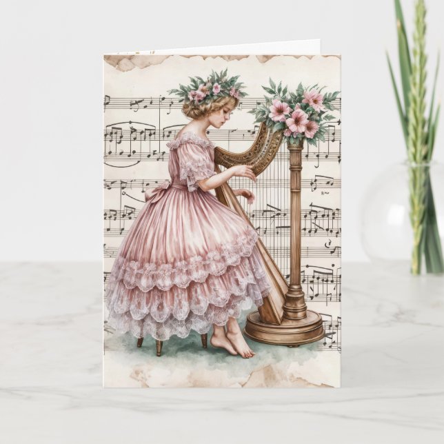 Carte Noël Vielle fille Jouer une harpe (Devant)
