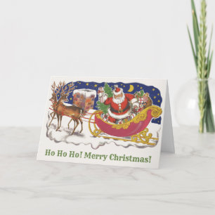 Carte Noël Vintage, Jolly Santa Claus avec Sleigh