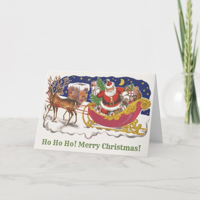Carte Noël vintage, joyeux Père Noël avec traîneau (Devant)
