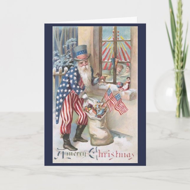 Carte Noël vintage - Père Noël patriotique apporte des (Devant)