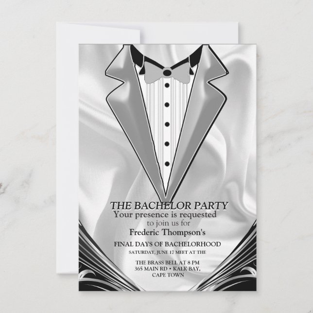 Carte Noir avec Argent sur Champagne Soie Bachelor Party (Devant)