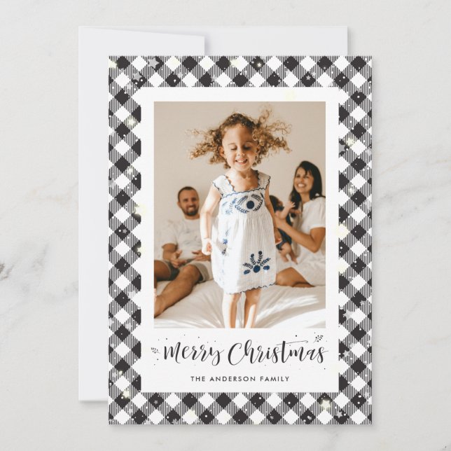 Carte Noir Blanc Plaid Photo Joyeux Noël (Devant)