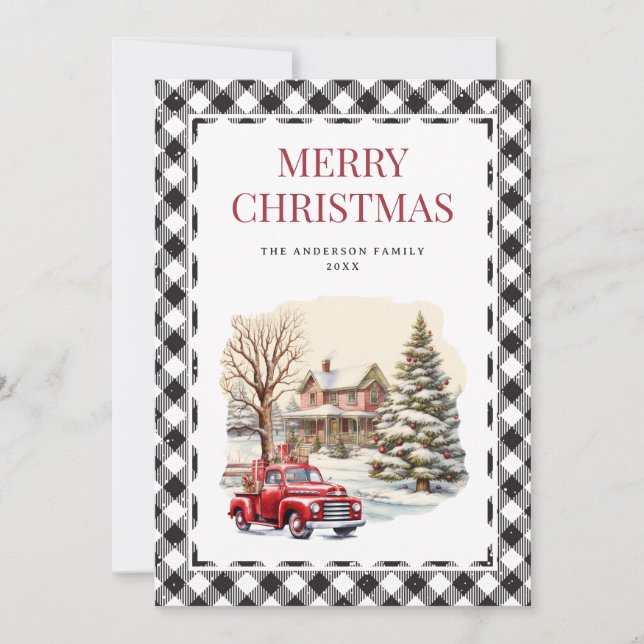Carte Noir Blanc Plaid Red Truck Joyeux Noël (Devant)