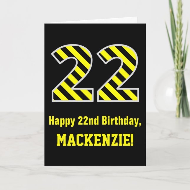 Carte Noir et jaune rayé "22"; 22e anniversaire + nom (Devant)