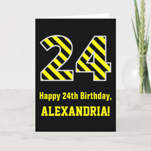 Carte Noir et Jaune rayé "24"; 24e anniversaire + nom