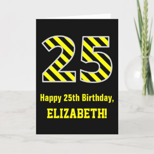 Carte Noir et jaune rayé "25"; 25e anniversaire + nom