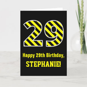 Carte Noir et jaune rayé "29"; 29e anniversaire + nom