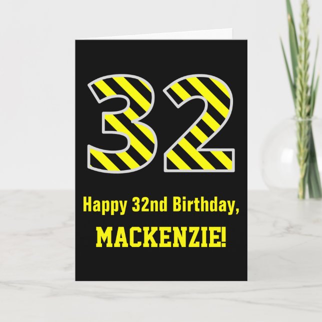 Carte Noir et jaune rayé "32"; 32e anniversaire + nom (Devant)
