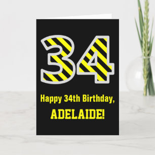 Carte Noir et Jaune rayé "34"; 34e anniversaire + nom