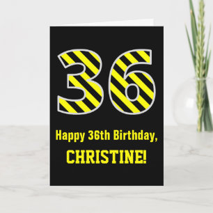 Carte Noir et jaune rayé "36"; 36e anniversaire + nom