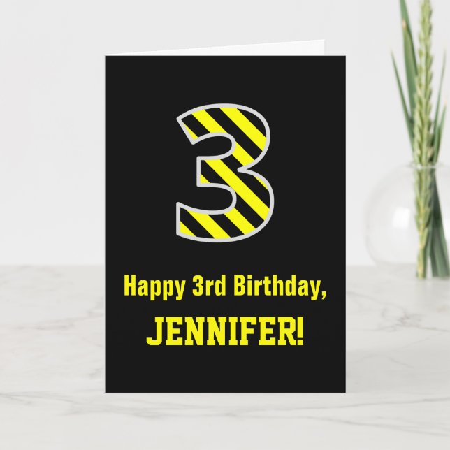 Carte Noir et Jaune rayé "3"; 3e anniversaire + nom (Devant)