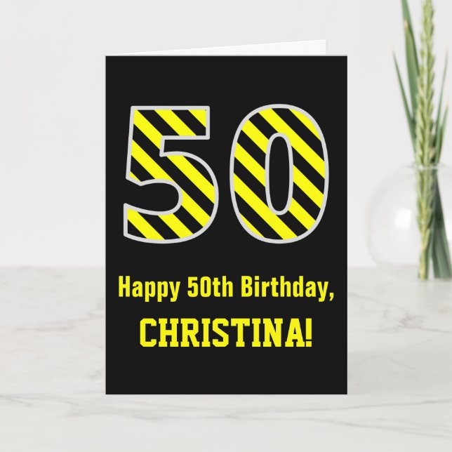 Carte Noir et jaune rayé "50"; 50e anniversaire + nom (Devant)