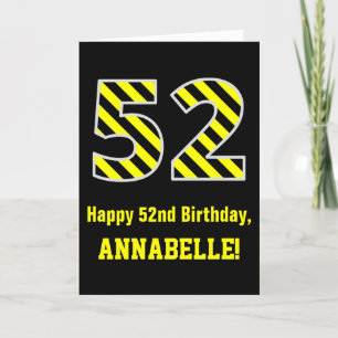Carte Noir et jaune rayé "52"; 52e anniversaire + nom