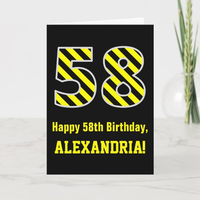 Carte Noir et jaune rayé "58"; 58e anniversaire + nom (Devant)