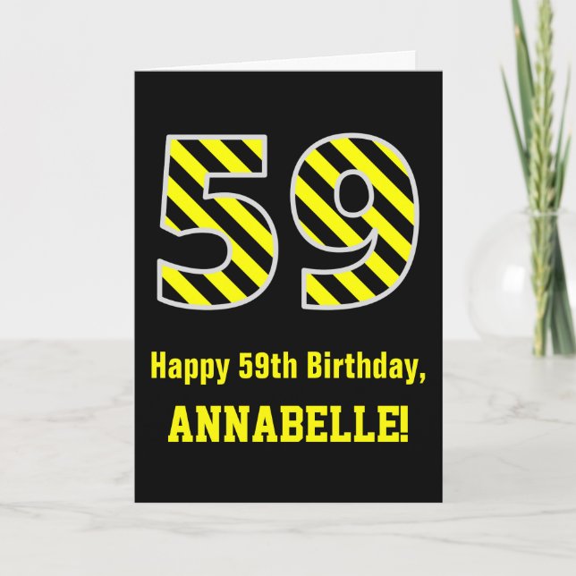 Carte Noir et jaune rayé "59"; 59e anniversaire + nom (Devant)