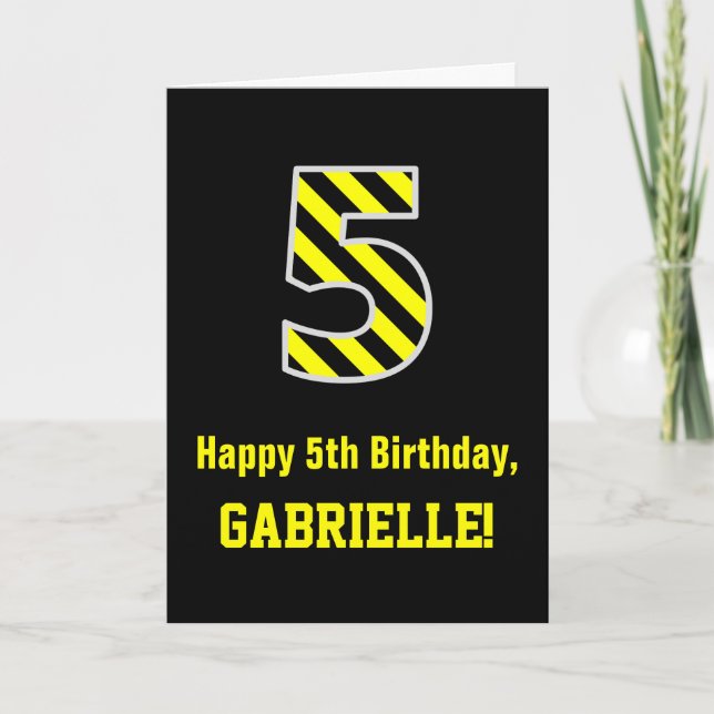Carte Noir et Jaune rayé "5"; 5e anniversaire + nom (Devant)