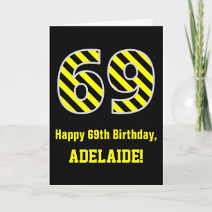 Carte Noir et jaune rayé "69"; 69e anniversaire + nom