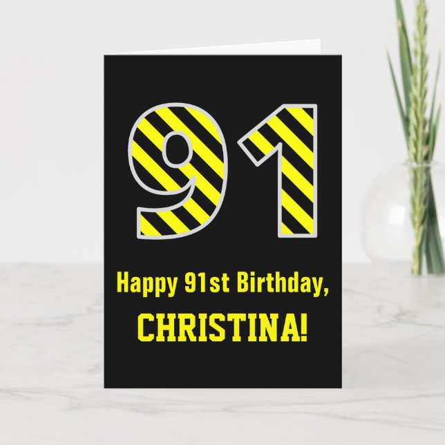 Carte Noir et jaune rayé "91"; 91e anniversaire + nom (Devant)
