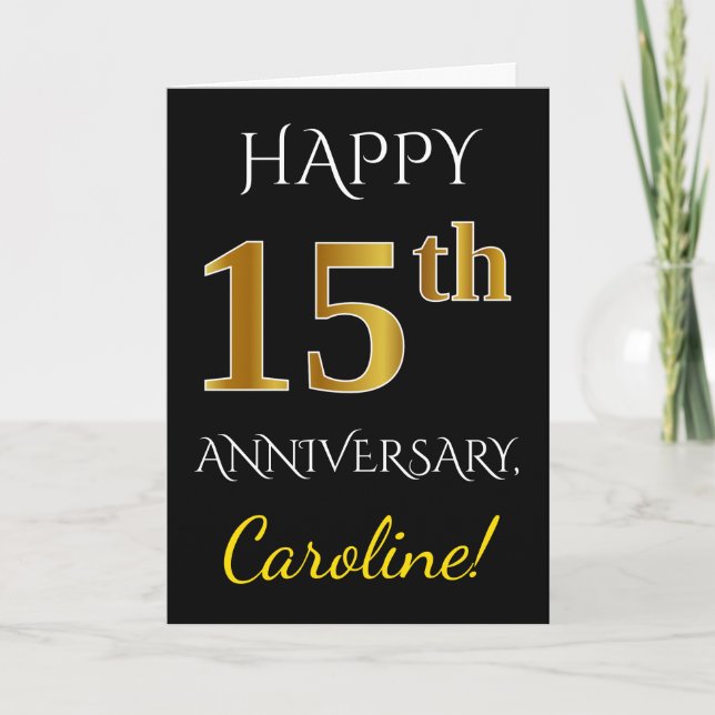 Carte Noir, Faux Or 15e Anniversaire de Mariage + Nom (Devant)