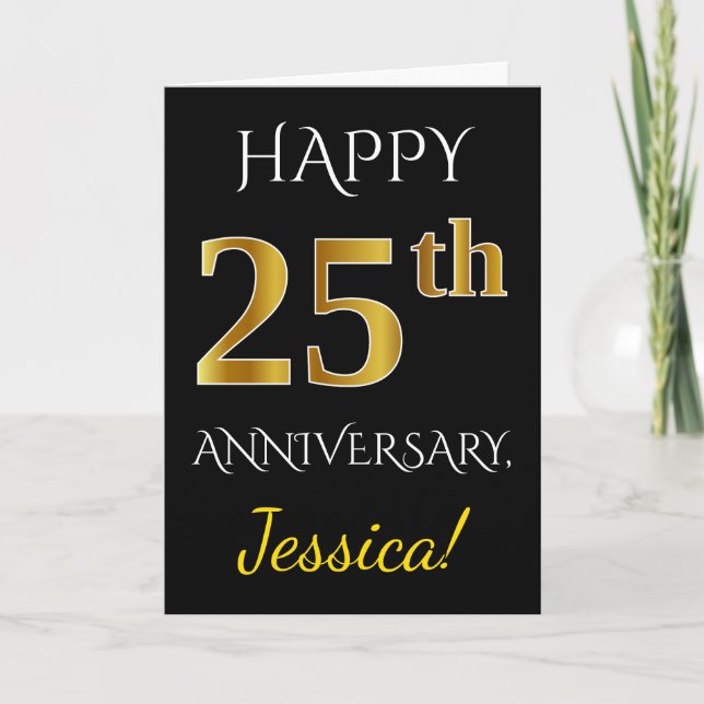 Carte Noir, Faux Or 25e Anniversaire de Mariage + Nom (Devant)