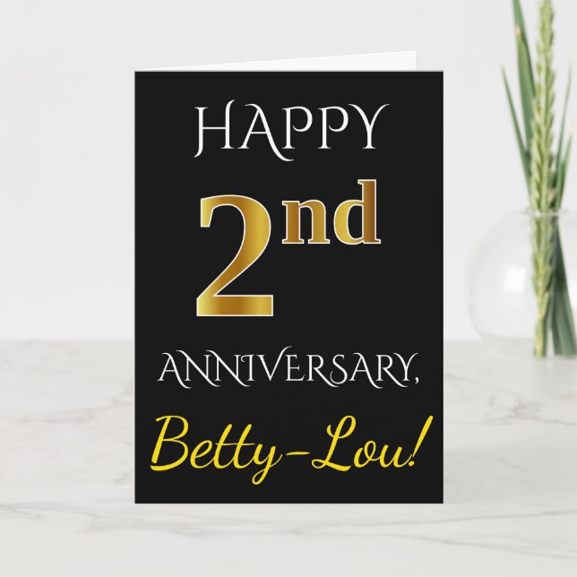 Carte Noir, Faux Or 2e Anniversaire de Mariage + Nom (Devant)