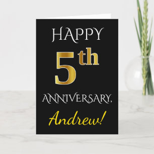 Carte Noir, Faux Or 5ème Anniversaire de Mariage + Nom