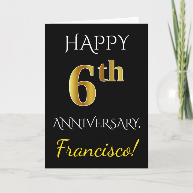 Carte Noir, Faux Or 6e Anniversaire de Mariage + Nom (Devant)