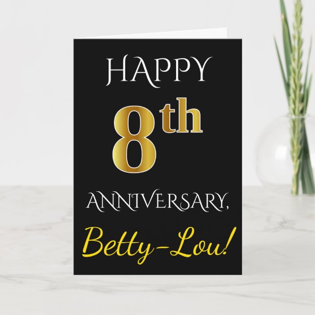 Carte Noir, Faux Or 8e Anniversaire de Mariage + Nom (Devant)