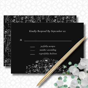 Carte Noir foncé Blanc floral Minimal mariage RSVP