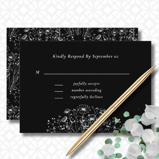 Carte Noir foncé Blanc floral Minimal mariage RSVP