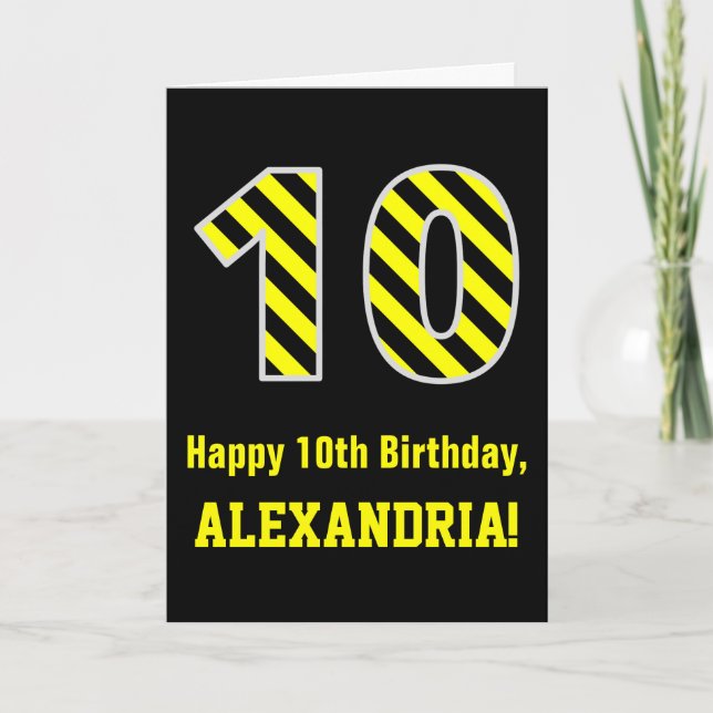 Carte Noir & Jaune rayé "10"; 10e anniversaire + nom (Devant)