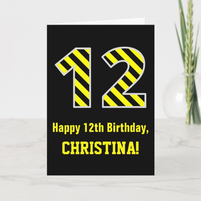Carte Noir & Jaune rayé "12"; 12e anniversaire + nom (Devant)