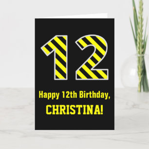 Carte Noir & Jaune rayé "12"; 12e anniversaire + nom