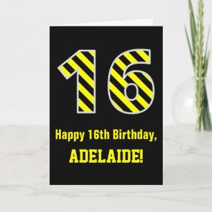 Carte Noir & Jaune rayé "16"; 16e anniversaire + nom