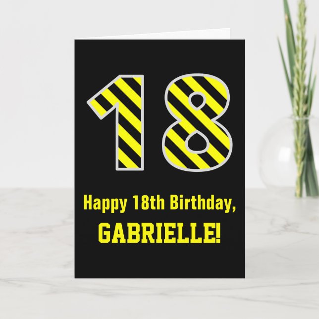 Carte Noir & Jaune rayé "18"; 18e anniversaire + nom (Devant)