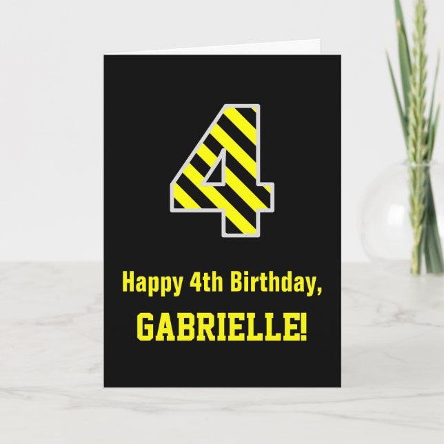 Carte Noir & Jaune rayé "4"; 4e anniversaire + nom (Devant)