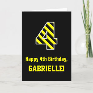 Carte Noir & Jaune rayé "4"; 4e anniversaire + nom