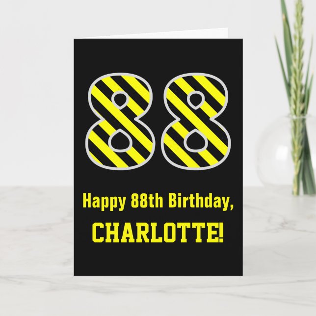 Carte Noir & Jaune rayé "88"; 88e anniversaire + nom (Devant)